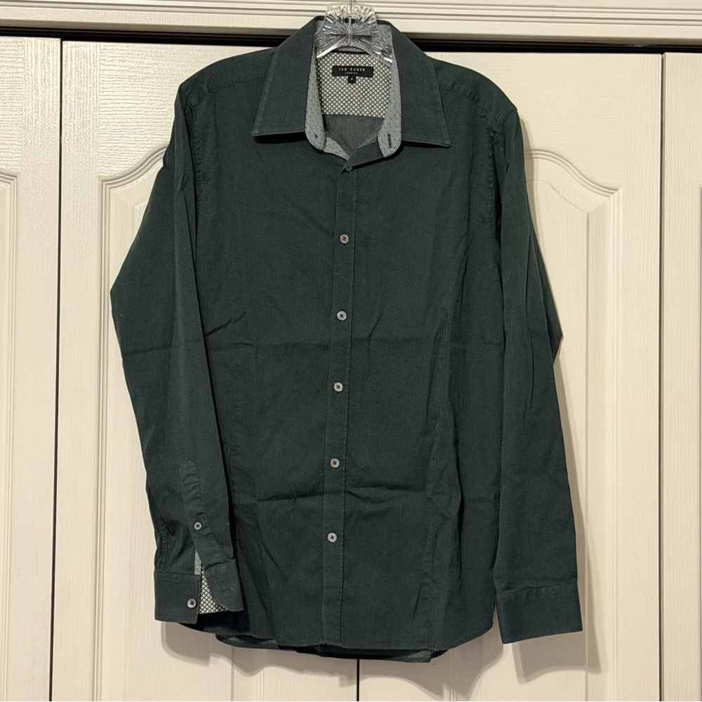 Ted Baker Olive Green Men's Dress Shirt with Patterned Collar